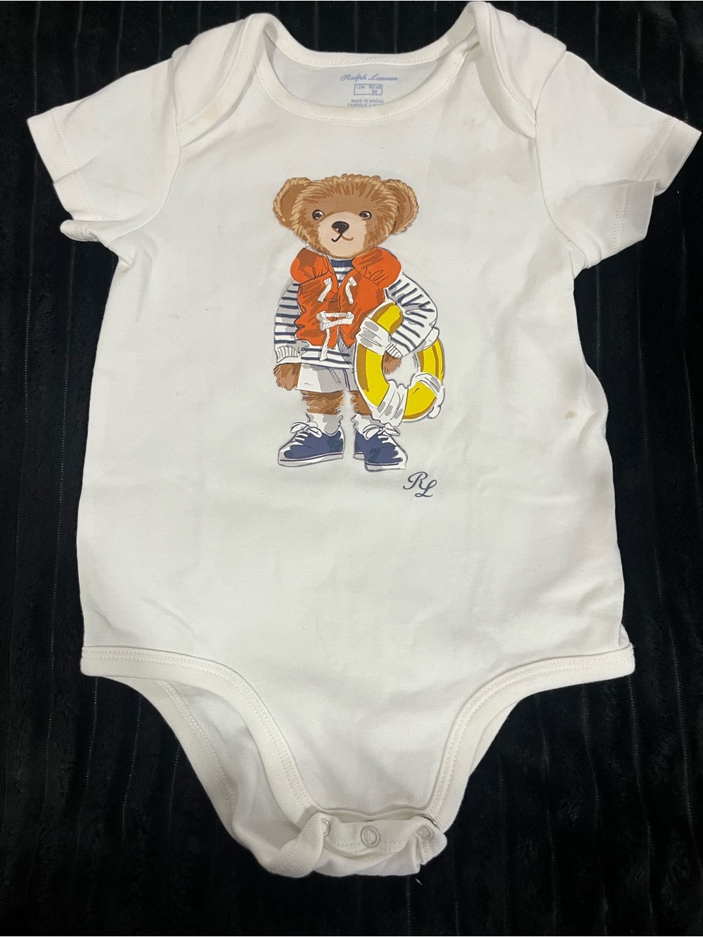 Ralph Lauren White Baby Bodysuit with Teddy Bear Graphic and Orange Life Jacket